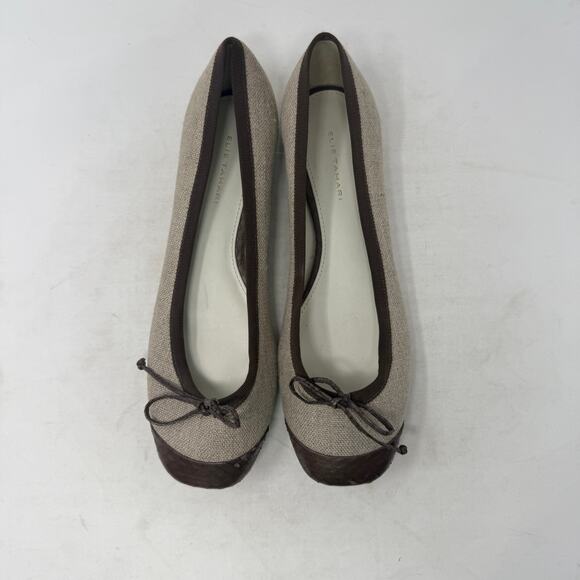 Elie Tahari Linen Canvas & Brown Leather Cap Toe Ballet Flats Size EU 40 - Picture 5 of 11
